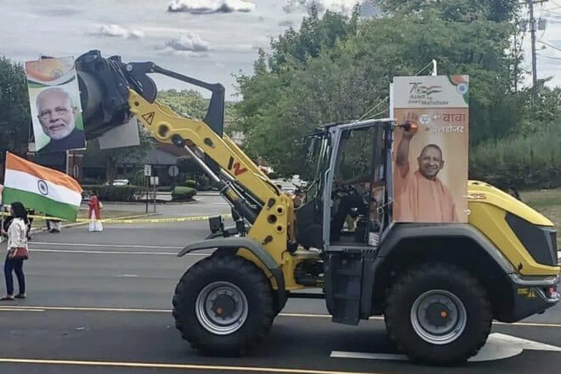 A bulldozer in a parade in Edison, New Jersey in August to celebrate India’s Independence Day was adorned with BJP leaders Narendra Modi and Yogi Adityanath.