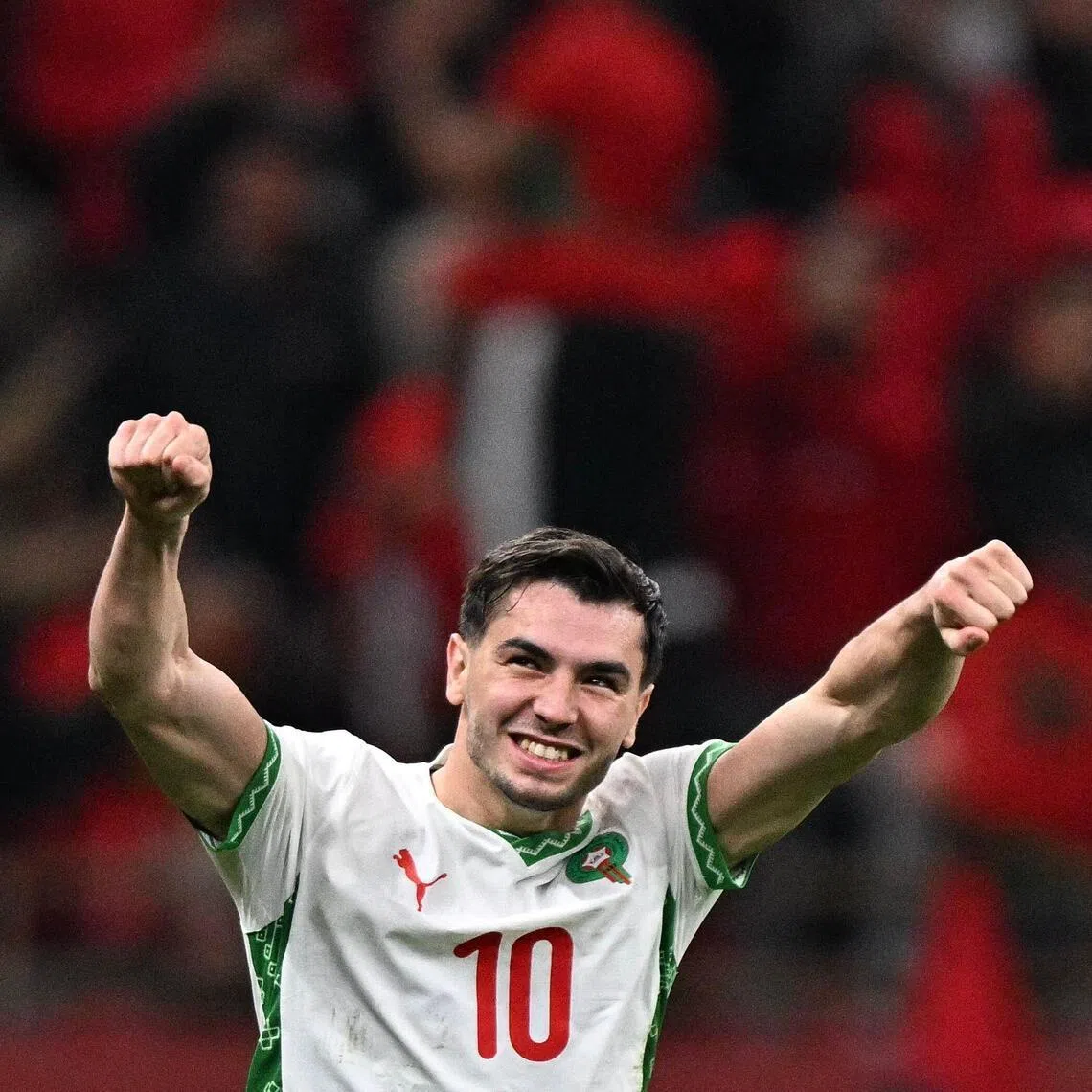 Morocco's Brahim Diaz celebrating at the end of the quarter-final match against Cameroon, in Rabat on Jan 9.