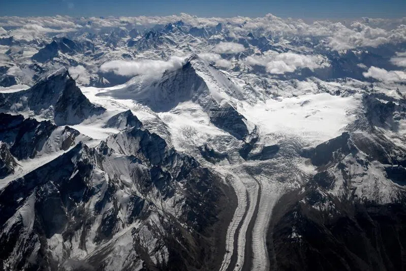 Snow-covered mountain peaks in India's union territory of Ladakh, on Sept 25, 2025.