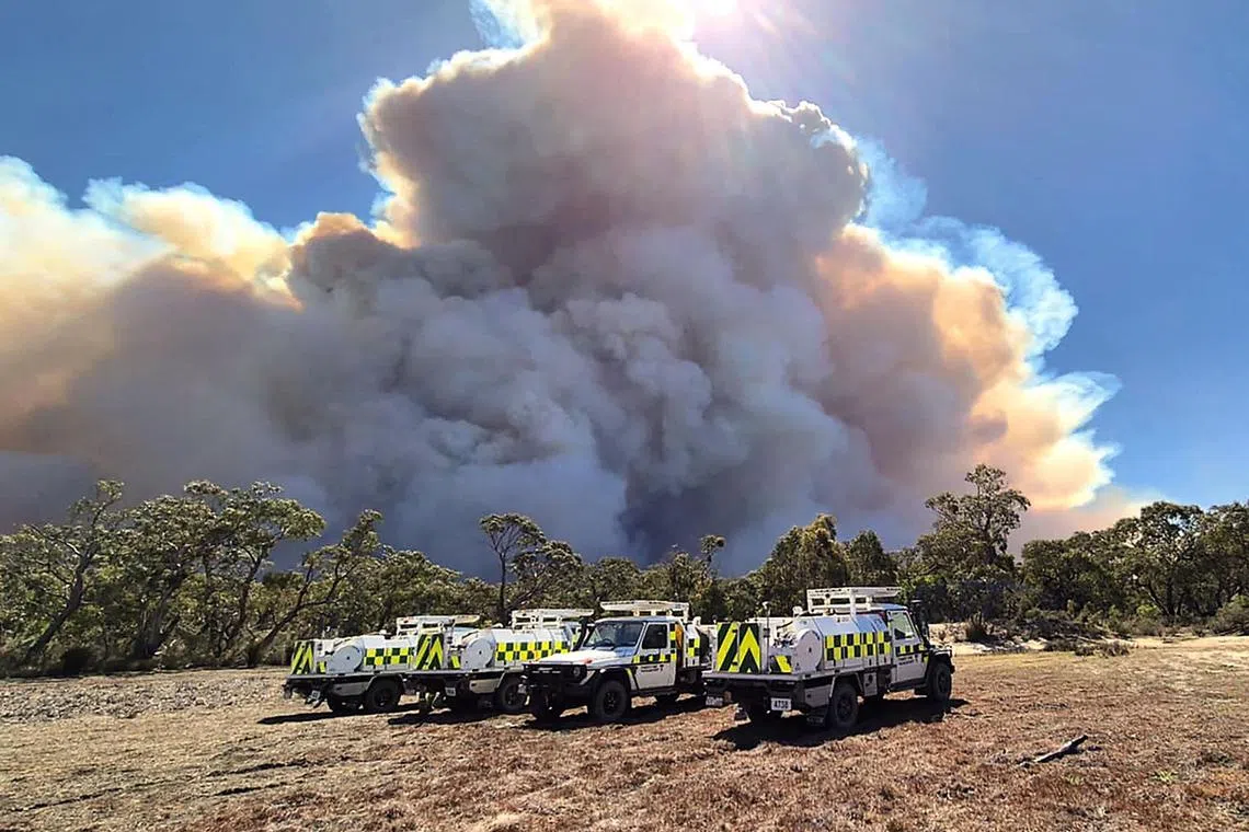 This undated handout image received on December 26, 2024 from the State Control Centre of the Victoria Emergency Services shows smoke rising from a nearby bushfire behind vehicles in the Grampians National Park in Australia's Victoria state. (Photo by Handout / STATE CONTROL CENTRE - VICTORIA EMERGENCY SERVICES / AFP) / RESTRICTED TO EDITORIAL USE - MANDATORY CREDIT "AFP PHOTO / STATE CONTROL CENTRE - VICTORIA EMERGENCY SERVICES" - NO MARKETING - NO ADVERTISING CAMPAIGNS - DISTRIBUTED AS A SERVICE TO CLIENTS