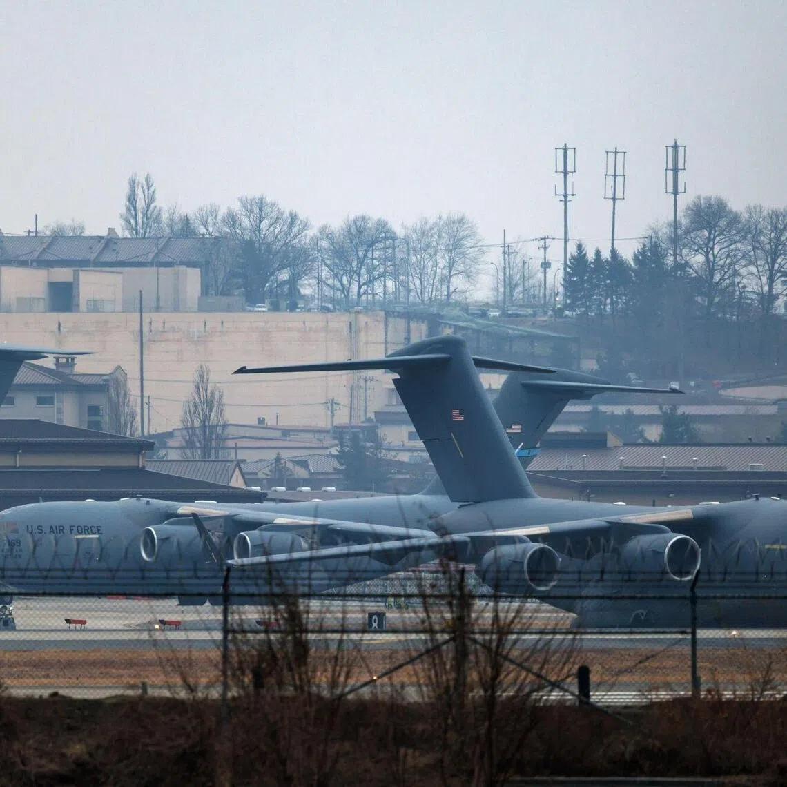 A C-17 US Air Force military transport aircraft at Osan Air Base in Pyeongtaek, South Korea, on March 6.