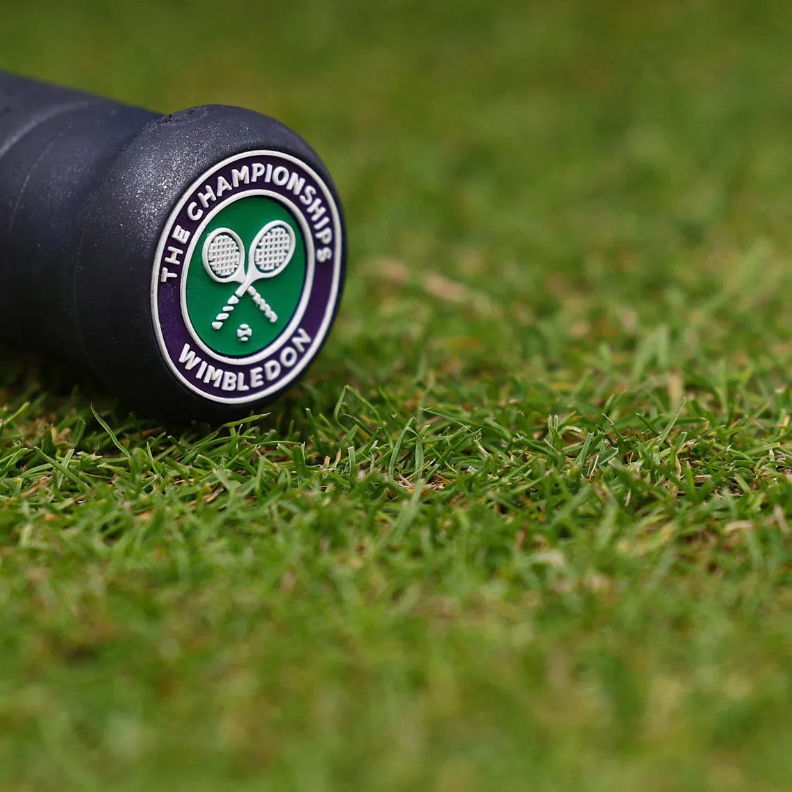 FILE PHOTO: Tennis - Wimbledon - All England Lawn Tennis and Croquet Club, London, Britain - July 5, 2024 The Wimbledon logo is pictured on the handle of a racket REUTERS/Paul Childs/File Photo