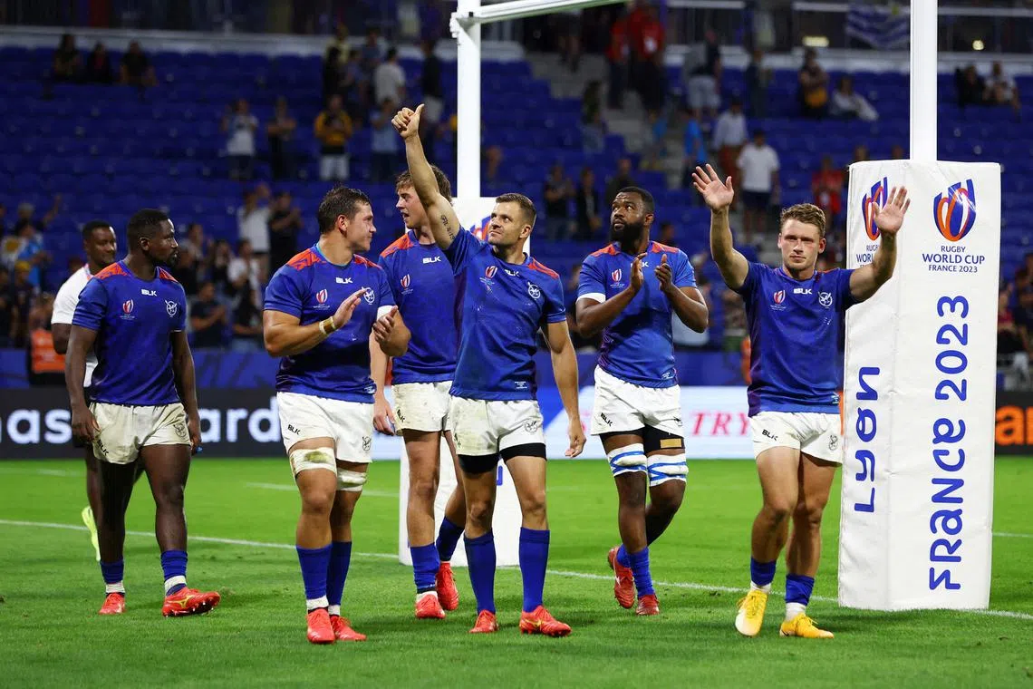 FILE PHOTO: Rugby Union - Rugby World Cup 2023 - Pool A - Uruguay v Namibia - Groupama Stadium, Lyon, France - September 27, 2023 Namibia players acknowledges fans after the match REUTERS/Paul Childs/File Photo