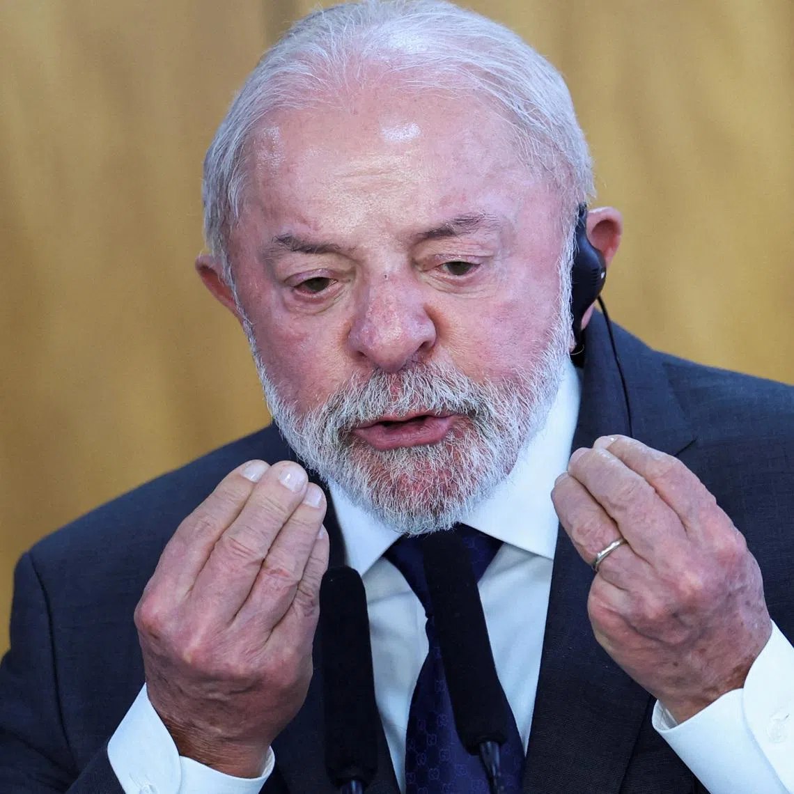 FILE PHOTO: Brazil's President Luiz Inacio Lula da Silva speaks during a joint press statement with South Africa's President Cyril Ramaphosa, at the Planalto Palace, in Brasilia, Brazil, March 9, 2026. REUTERS/Adriano Machado/File Photo