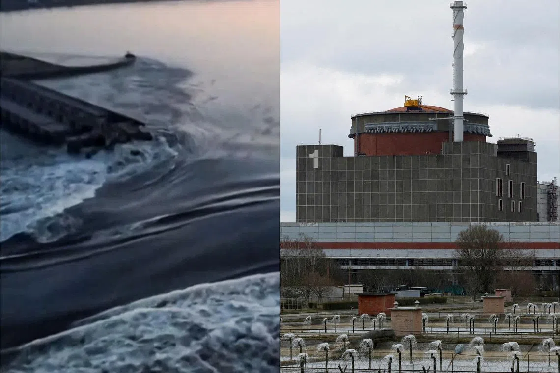 Damage to the Kakhovka hydroelectric dam (left) could result in a nuclear meltdown at Ukraine's Zaporizhzhia nuclear power plant - the biggest in Europe.
