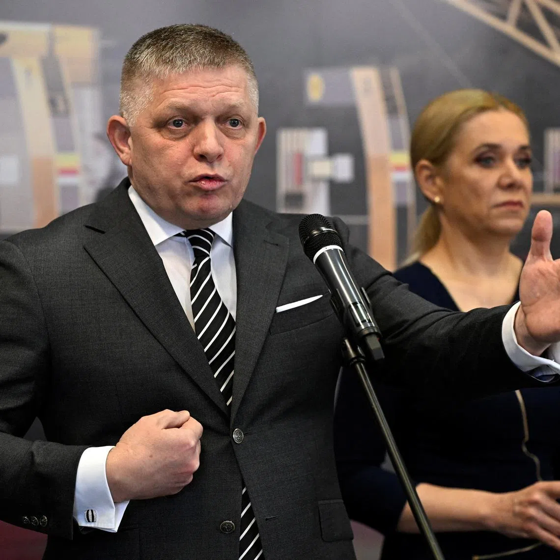 Slovakia's Prime Minister Robert Fico speaks during a press conference after meeting with representatives of refinery Slovnaft in Bratislava, Slovakia, April 1, 2026. REUTERS/Radovan Stoklasa
