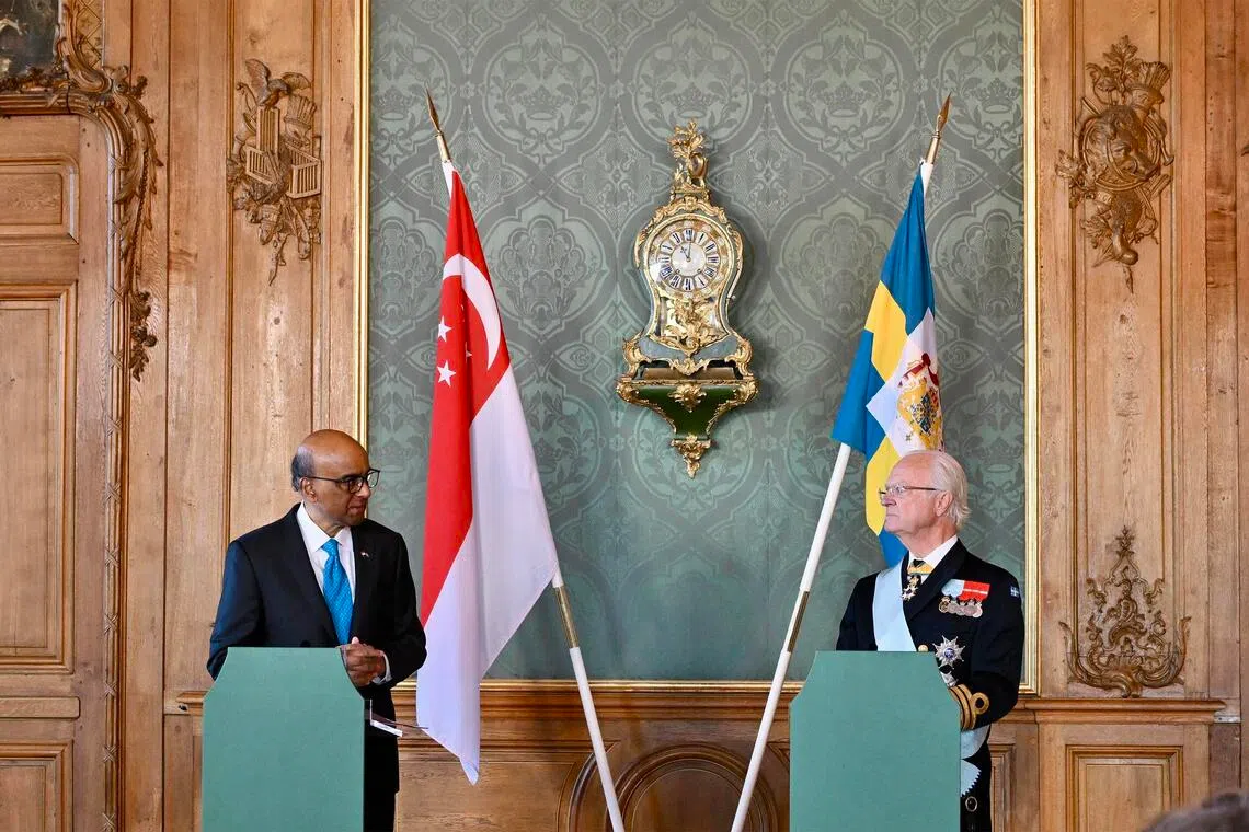 Singapore President Tharman Shanmugaratnam and King Carl XVI Gustaf speaking to the press at Stockholm’s Royal Palace following a ceremonial welcome.