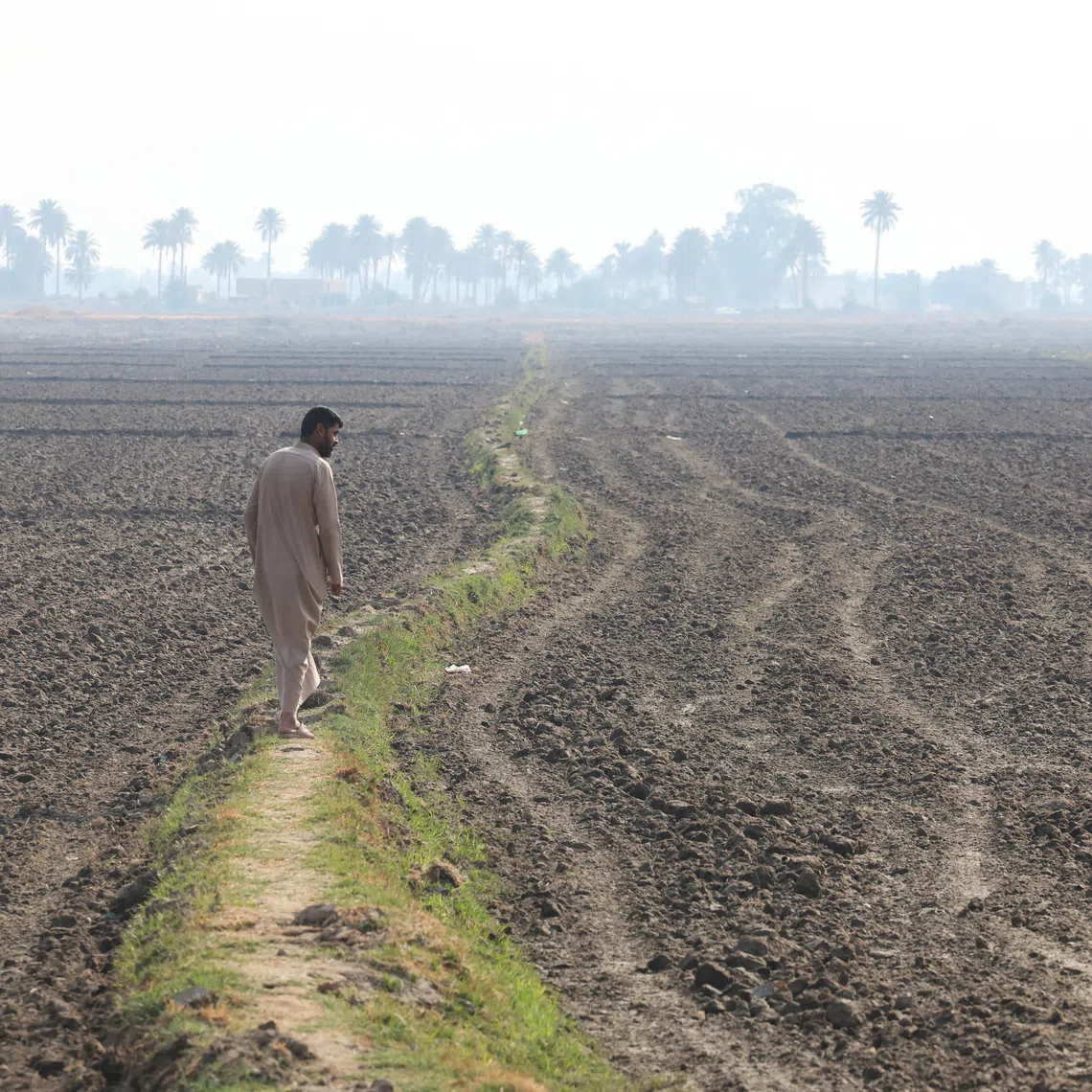 A person walks along the edge of uncultivated farmland on the outskirts of Najaf, where dry soil stretches across fields left unplanted due to water shortages, in Najaf, Iraq, November 29, 2025. REUTERS/Alaa al-Marjani