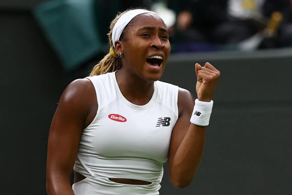 Tennis - Wimbledon - All England Lawn Tennis and Croquet Club, London, Britain - July 5, 2024 Coco Gauff of the U.S. celebrates after winning her third round match against Britain's Sonay Kartal REUTERS/Matthew Childs