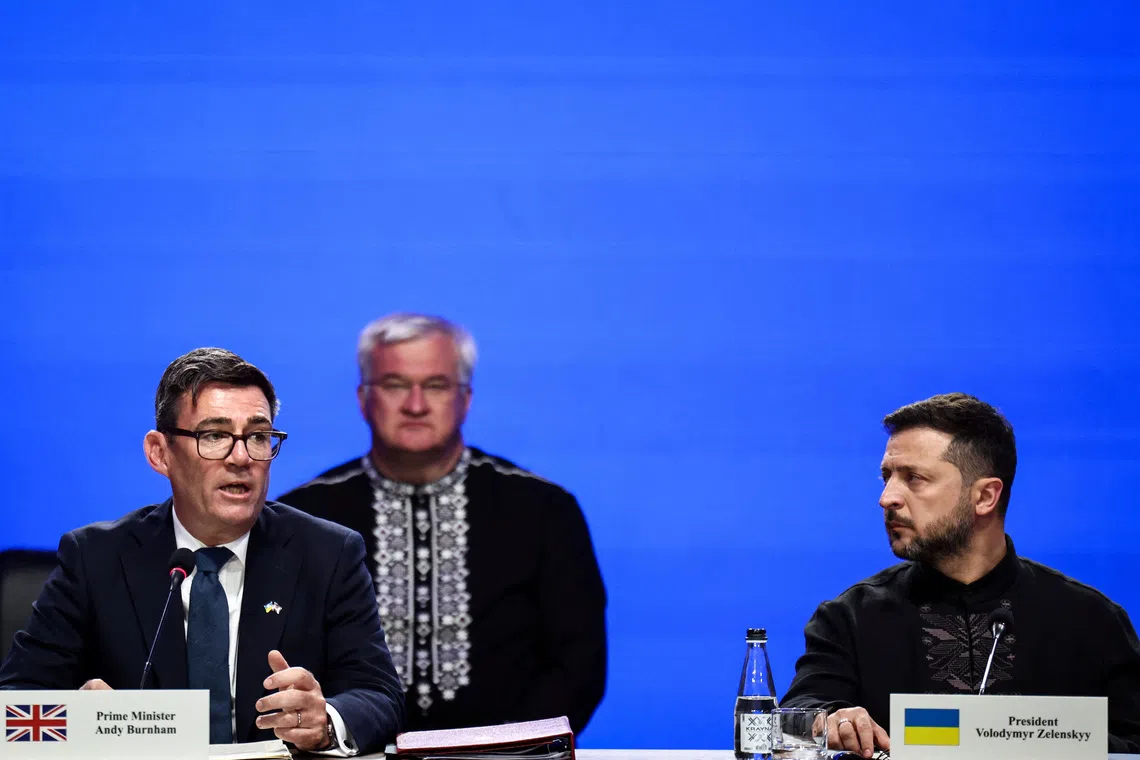 British Prime Minister Andy Burnham (left) on Aug 24 visited Ukraine for his first trip abroad since becoming prime minister, where he had talks with Ukraine’s President Volodymyr Zelensky (right).