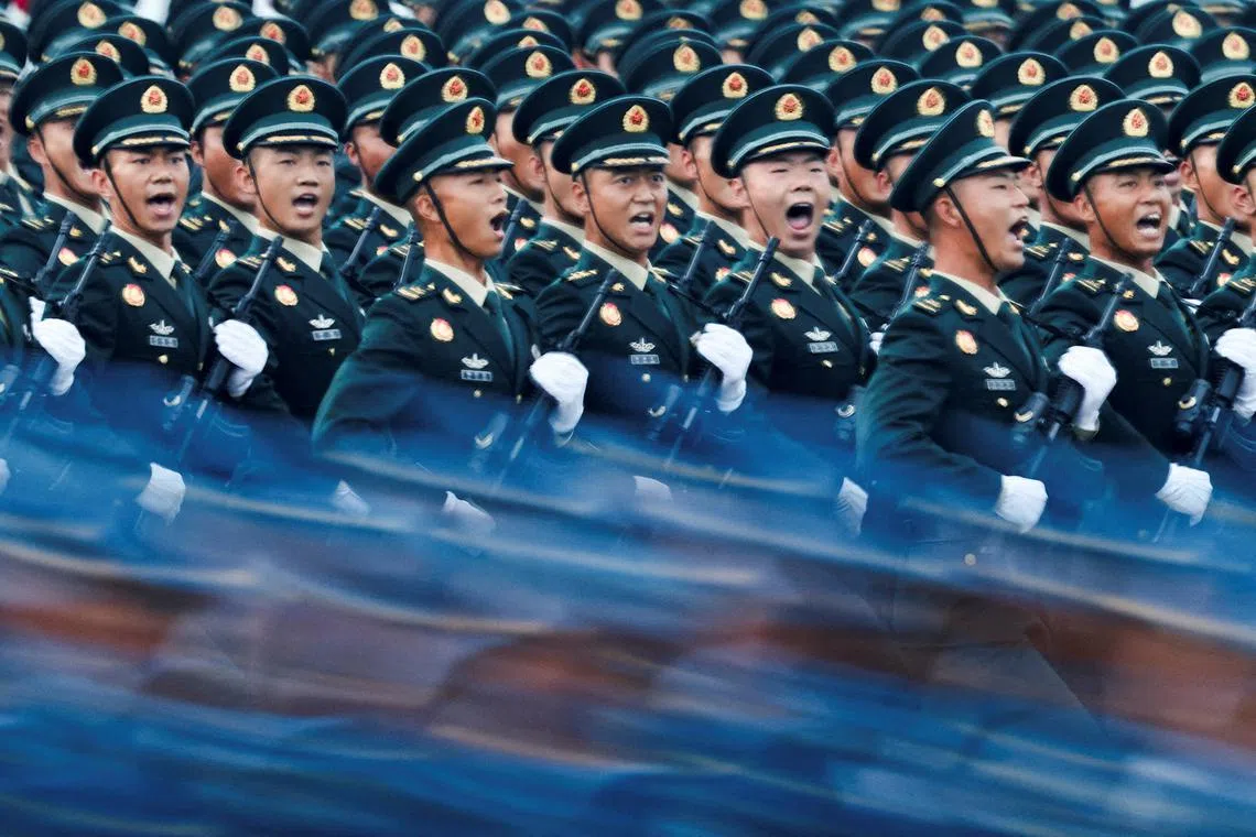 Soldiers marching during the rehearsal ahead of a military parade marking the 80th anniversary of victory over Japan and the end of World War II, in Beijing’s Tiananmen Square, China, on Sept 3, 2025. 