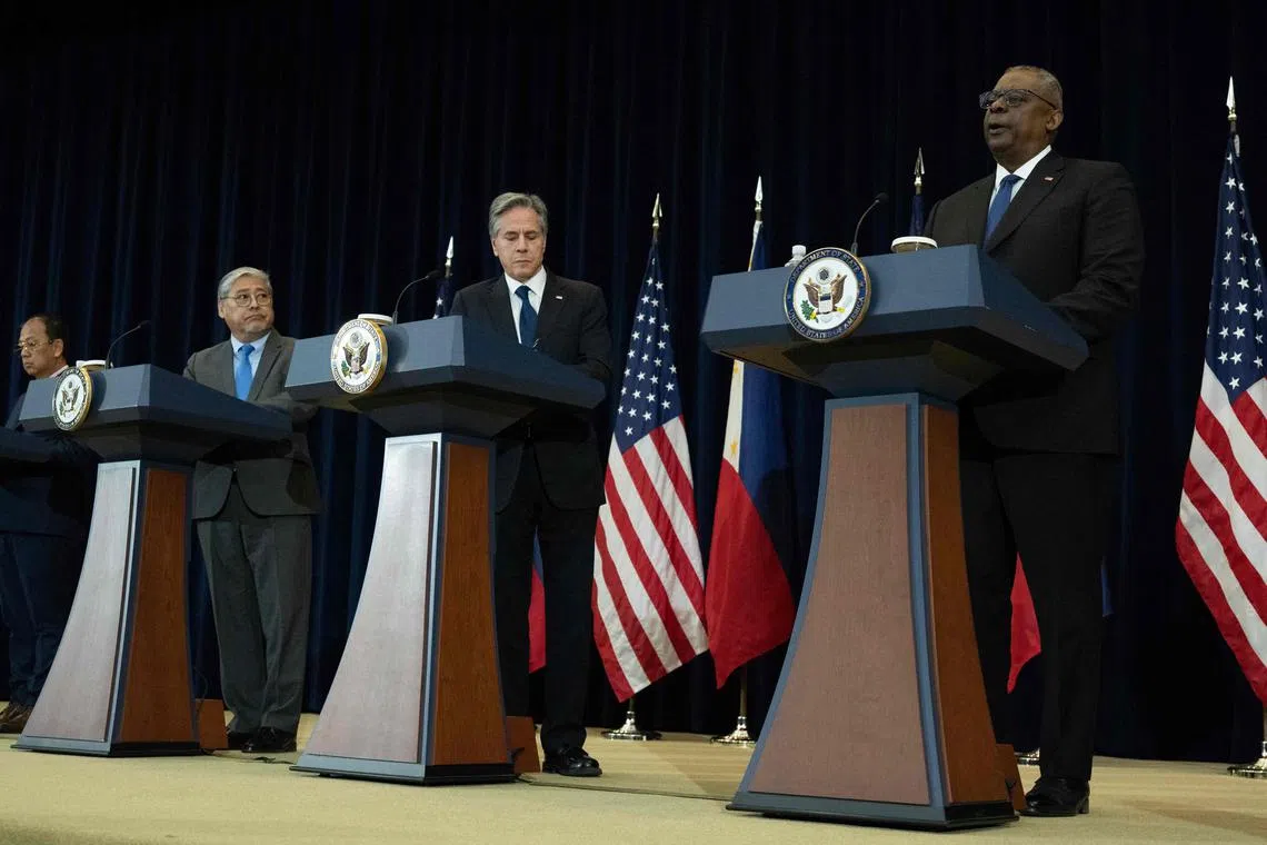 (From second left) Philippine Foreign Secretary Enrique Manalo, US Secretary of State Antony Blinken and US Defence Secretary Lloyd Austin answer questions at a Washington briefing.