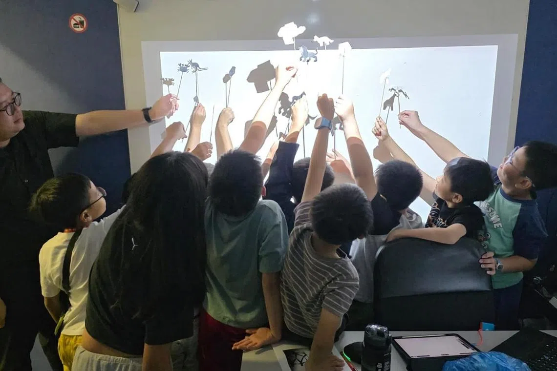 Participants at a PSLE bootcamp for science, run by tuition provider BlueTree Education, learn about light and shadows through a shadow puppet show. 