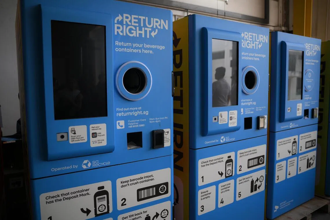 Reverse vending machines by SG Recycle on display at its office launch on March 11, 2026.