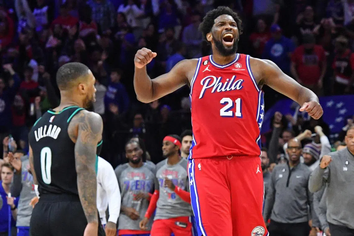 Philadelphia 76ers centre Joel Embiid celebrates the win over the Portland Trail Blazers.