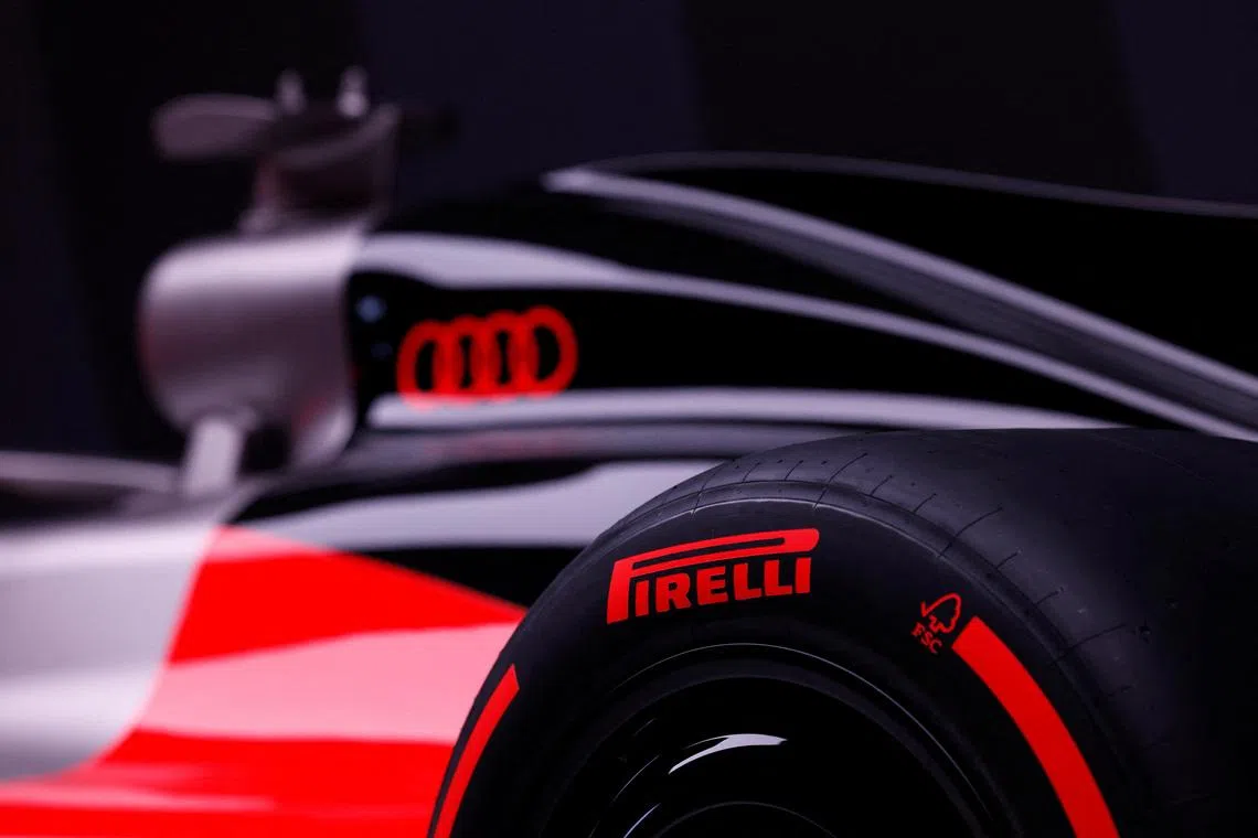 Formula One F1 - Audi F1 Team Presentation - Audi Experience Center, Munich, Germany - November 12, 2025 General view of a Pirelli tyre on the Audi R26 car during the presentation REUTERS/Michaela Stache