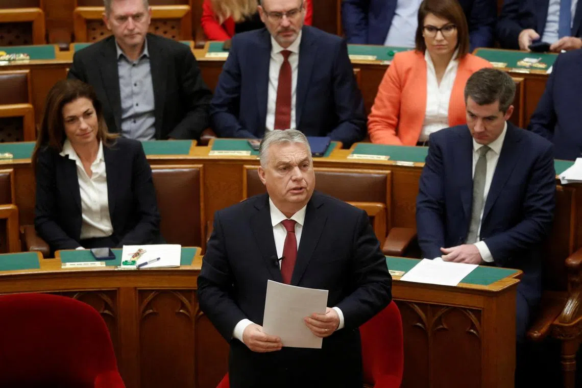 Hungarian Prime Minister Viktor Orban addresses the Parliament in Budapest.