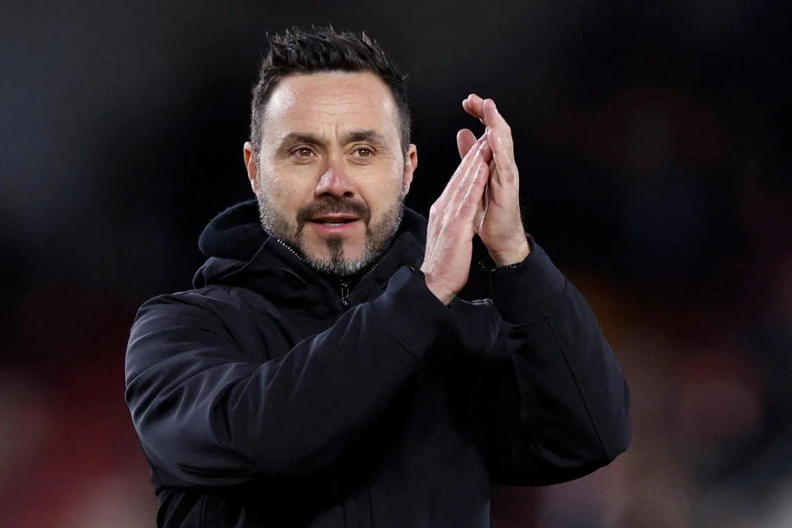 FILE PHOTO: Soccer Football - Premier League - Brentford v Brighton & Hove Albion - Brentford Community Stadium, London, Britain - April 3, 2024 Brighton & Hove Albion manager Roberto De Zerbi applauds fans after the match Action Images via Reuters/Peter Cziborra/File Photo