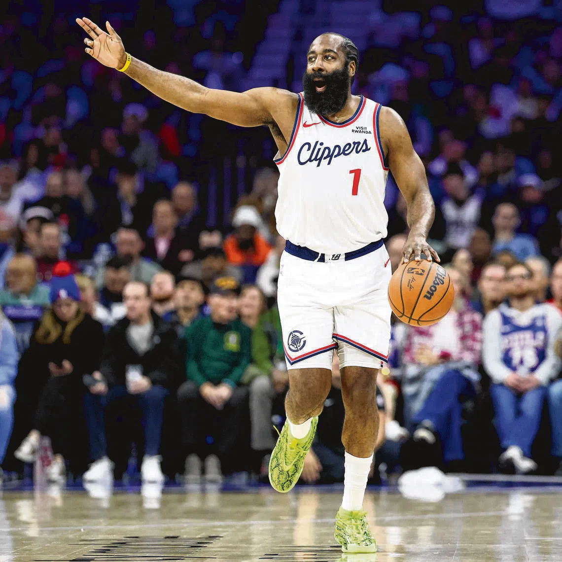Los Angeles Clippers guard James Harden dribbling the ball during a loss against the Philadelphia 76ers at Xfinity Mobile Arena on Nov 17, 2025. He scored a Clippers-record 55 points in a 131-116 National Basketball Association victory at the Charlotte Hornets on Nov 22 