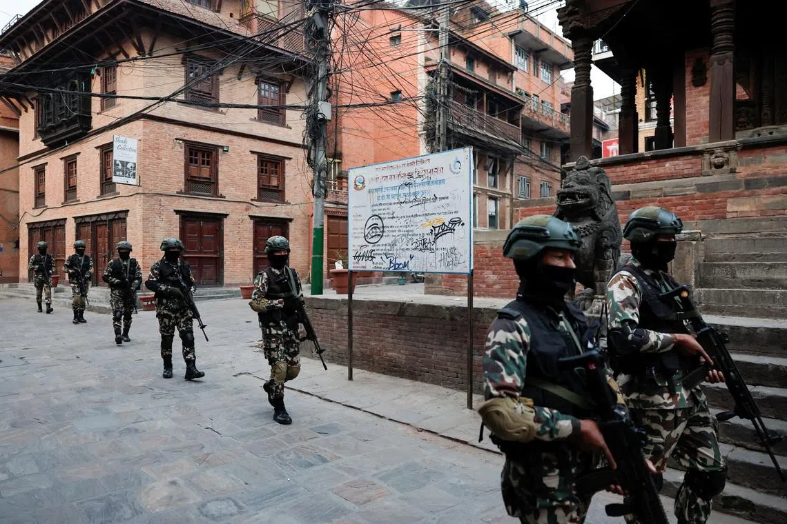 Members of the Nepali army patrol a street ahead of the House of Representatives elections scheduled for March 5, 2026, following the deadly \"Gen Z\" led anti-graft protests in September that toppled the government, in Lalitpur, Nepal, February 9, 2026. REUTERS/Navesh Chitrakar