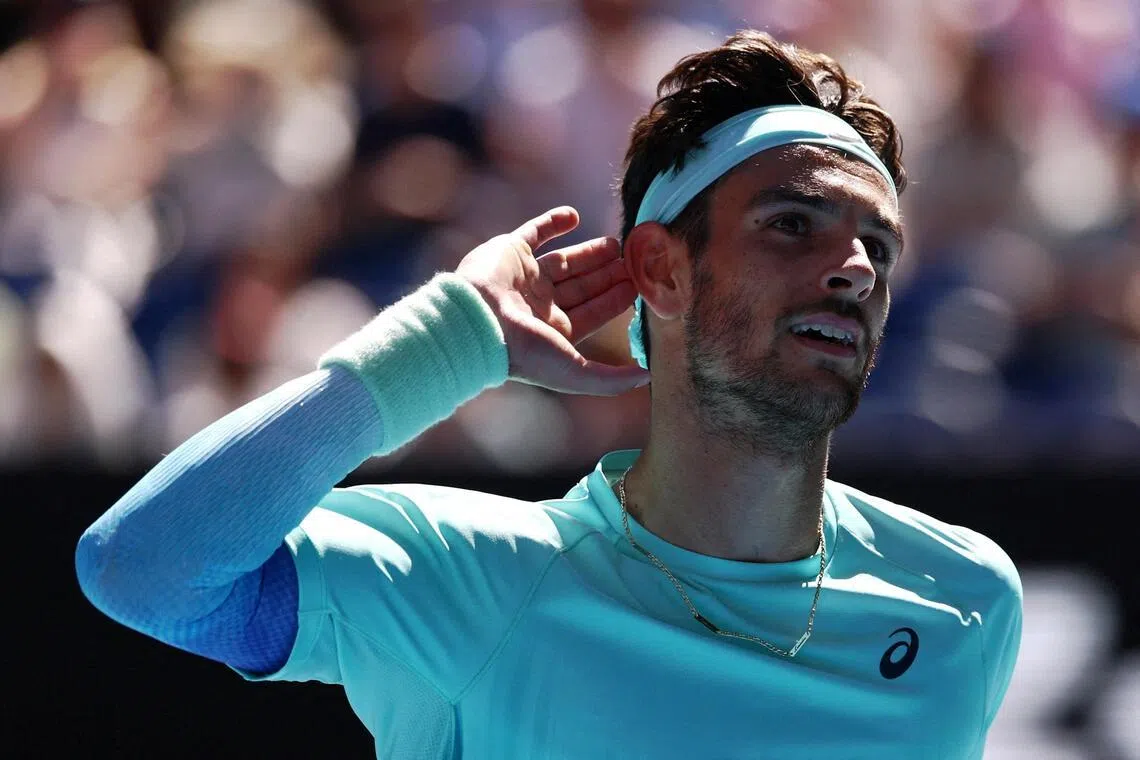 Italy's Lorenzo Musetti reacting during his Australian Open fourth-round win over Taylor Fritz of the US at Melbourne Park on Jan 26, 2026.