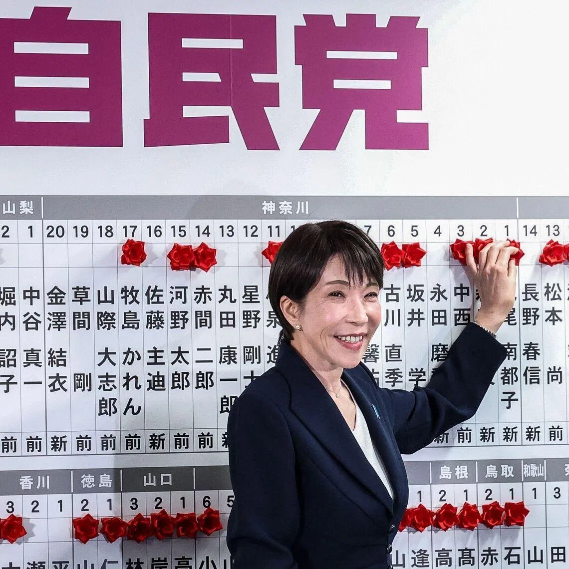 Japanese Prime Minister Sanae Takaichi placing a paper rose on the name of an elected candidate at her Liberal Democratic Party's headquarters in Tokyo on Feb 8.