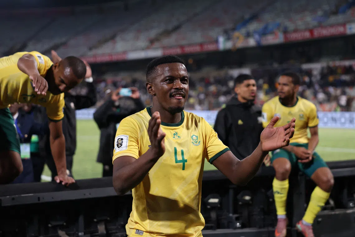 FILE PHOTO: Soccer Football - World Cup - CAF Qualifiers - Group C - Lesotho v South Africa - Toyota Stadium, Bloemfontein, South Africa - September 5, 2025 South Africa's Teboho Mokoena celebrates after the match REUTERS/Siphiwe Sibeko/ File Photo
