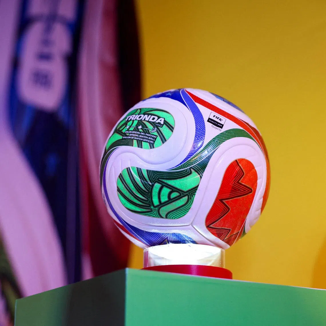 The official ball of the 2026 FIFA World Cup named \"Trionda\" is displayed during a presentation event in Mexico City, Mexico, October 3, 2025. REUTERS/Luis Cortes