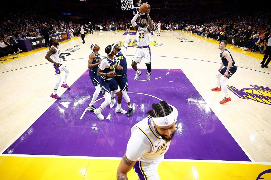 LeBron James of the Los Angeles Lakers taking a shot against the Denver Nuggets in the first half during Game 4 of the Western Conference first-round play-offs at Crypto.com Arena on April 27. He scored 30 points in the Lakers' 119-108 victory.