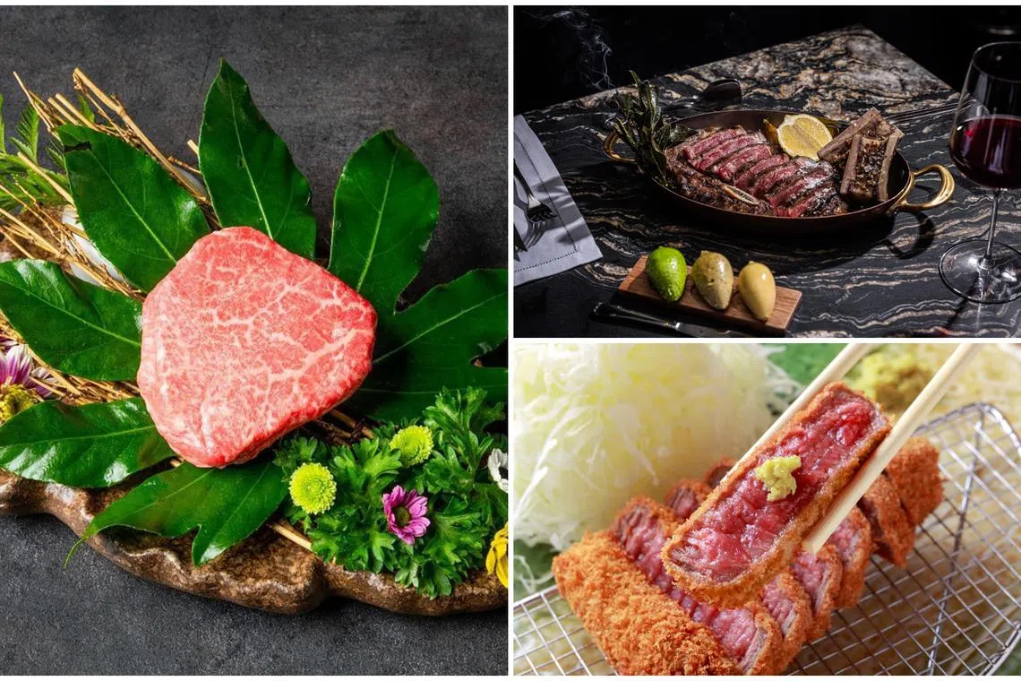 (Clockwise from left) Yonezawa wagyu chateaubriand at The Gyu Bar, dry-aged steak at Cygnet by Sean Connolly, and the Gyukatsu set at Gyukatsu Kyoto Katsugyu. 