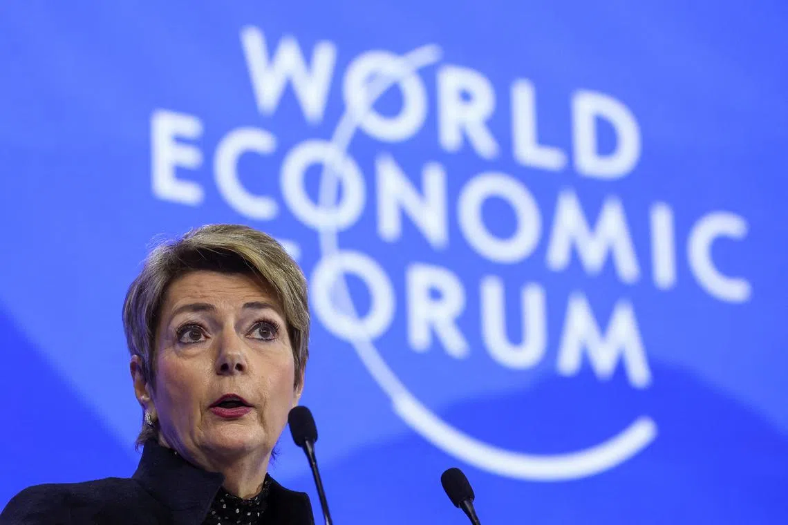 FILE PHOTO: Swiss Confederation President Karin Keller-Sutter speaks during the 55th annual World Economic Forum (WEF) meeting in Davos, Switzerland, January 21, 2025. REUTERS/Yves Herman