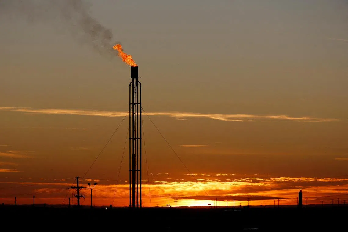 FILE PHOTO: A flare burns excess natural gas in the Permian Basin in Loving County, Texas, U.S. November 23, 2019. Picture taken November 23, 2019.  REUTERS/Angus Mordant//File Photo