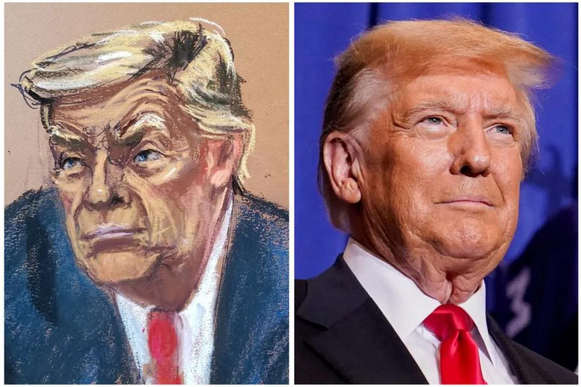 Former U.S. President Donald Trump appears in a courtroom sketch during the second civil trial after writer E. Jean Carroll accused Trump of raping her decades ago, at Manhattan Federal Court in New York City and later in the day during a rally in Atkinson, New Hampshire January 16, 2024, in a combination of file images.  REUTERS/Jane Rosenberg/Elizabeth Frantz