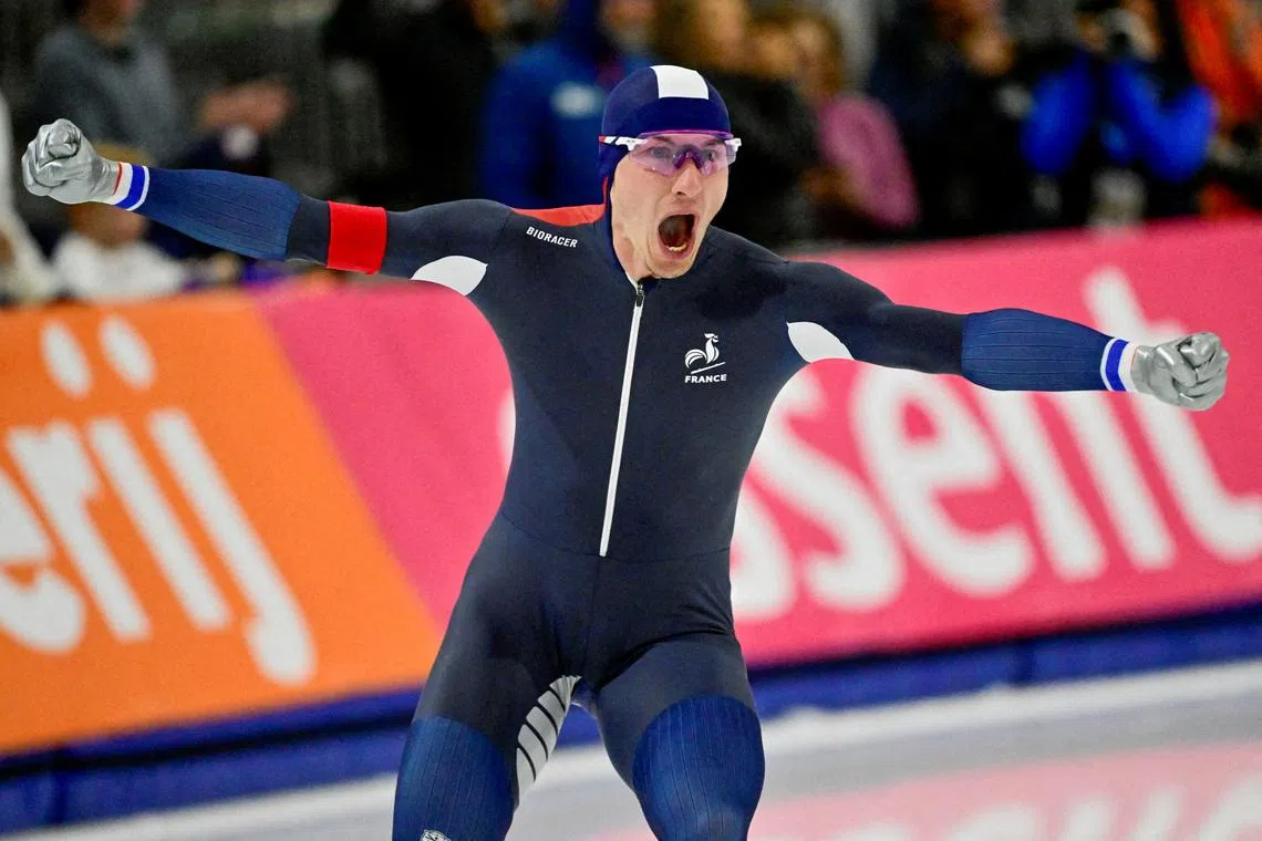 FILE PHOTO: Nov 14, 2025; Kearns, Utah, UNITED STATES; Timothy Loubineaud of France reacts to his world record time in the men's 5000m during the ISU Speedskating World Cup at Utah Olympic Oval. Mandatory Credit: Peter Creveling-Imagn Images/File Photo