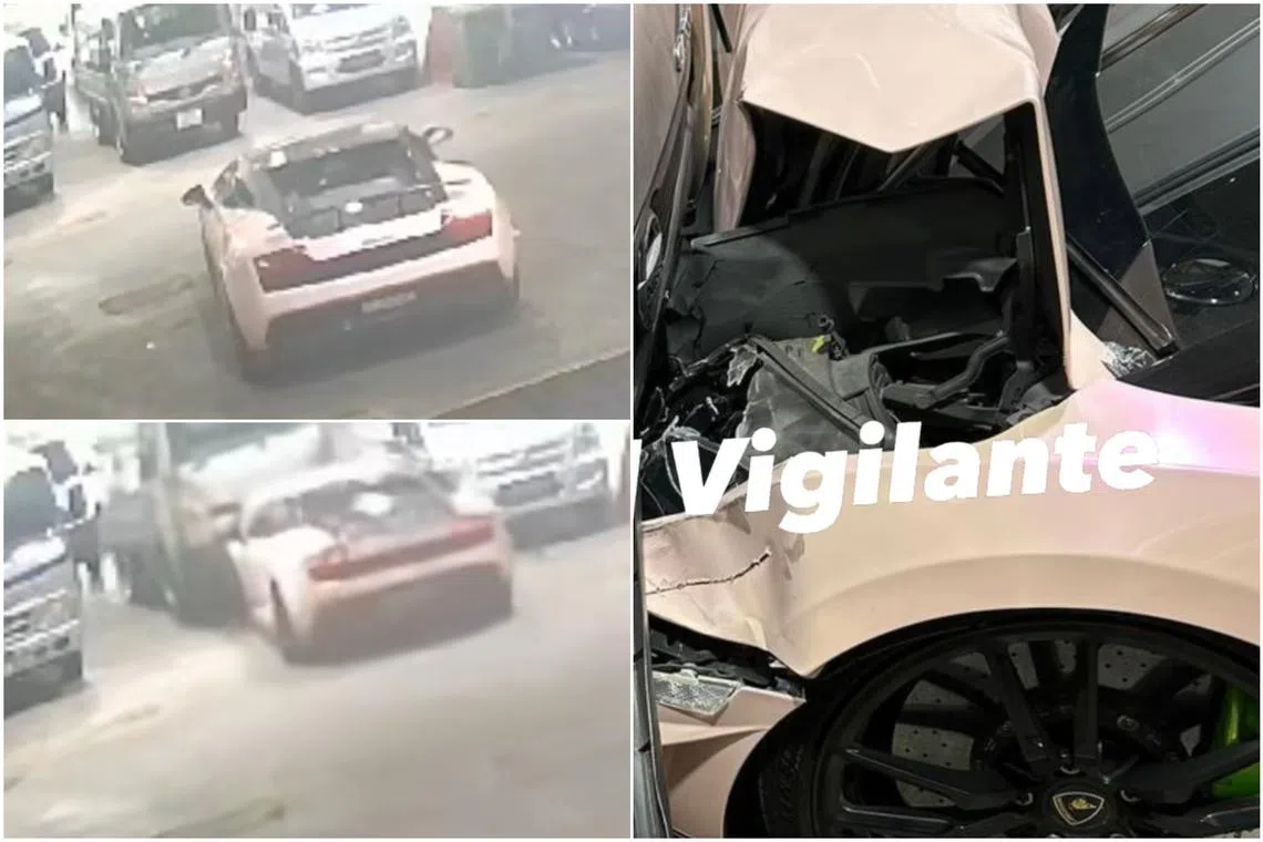 The impact of the crash crumpled the Lamborghini’s bonnet and pushed the lorry backward by nearly a car length.