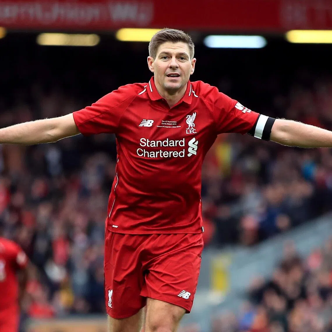 Liverpool's Steven Gerrard celebrates scoring his side's third goal of the game during the Legends match at Anfield Stadium, Liverpool.