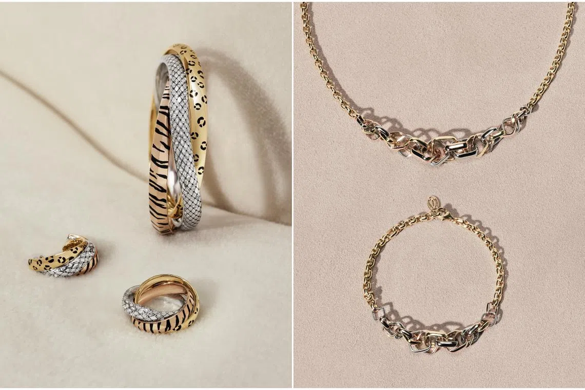 Cartier's Trinity Animal Motif pieces (left) and their 2025 designs.