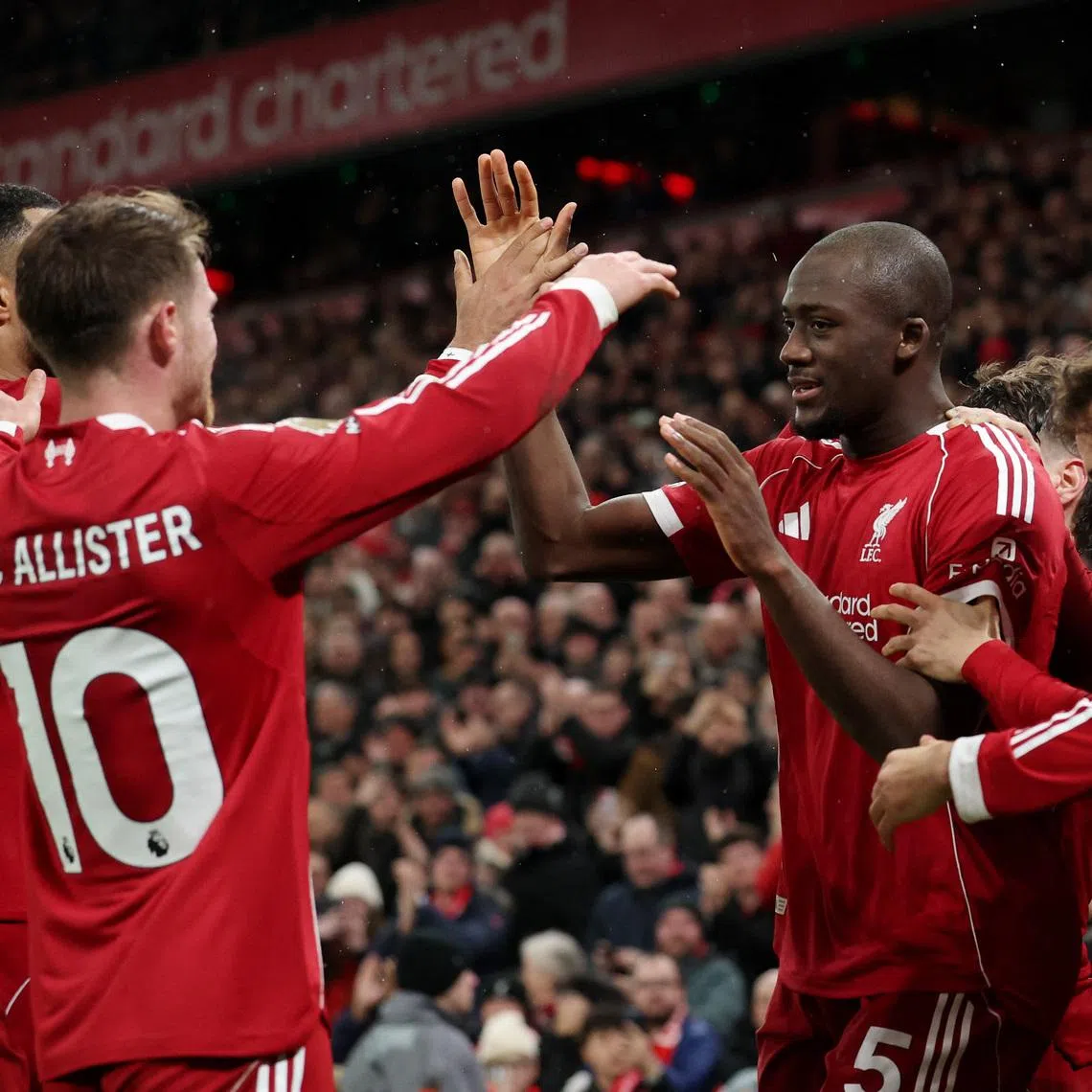 Soccer Football - Premier League - Liverpool v Newcastle United - Anfield, Liverpool, Britain - January 31, 2026  Liverpool's Ibrahima Konate celebrates scoring their fourth goal with teammates REUTERS/Phil Noble