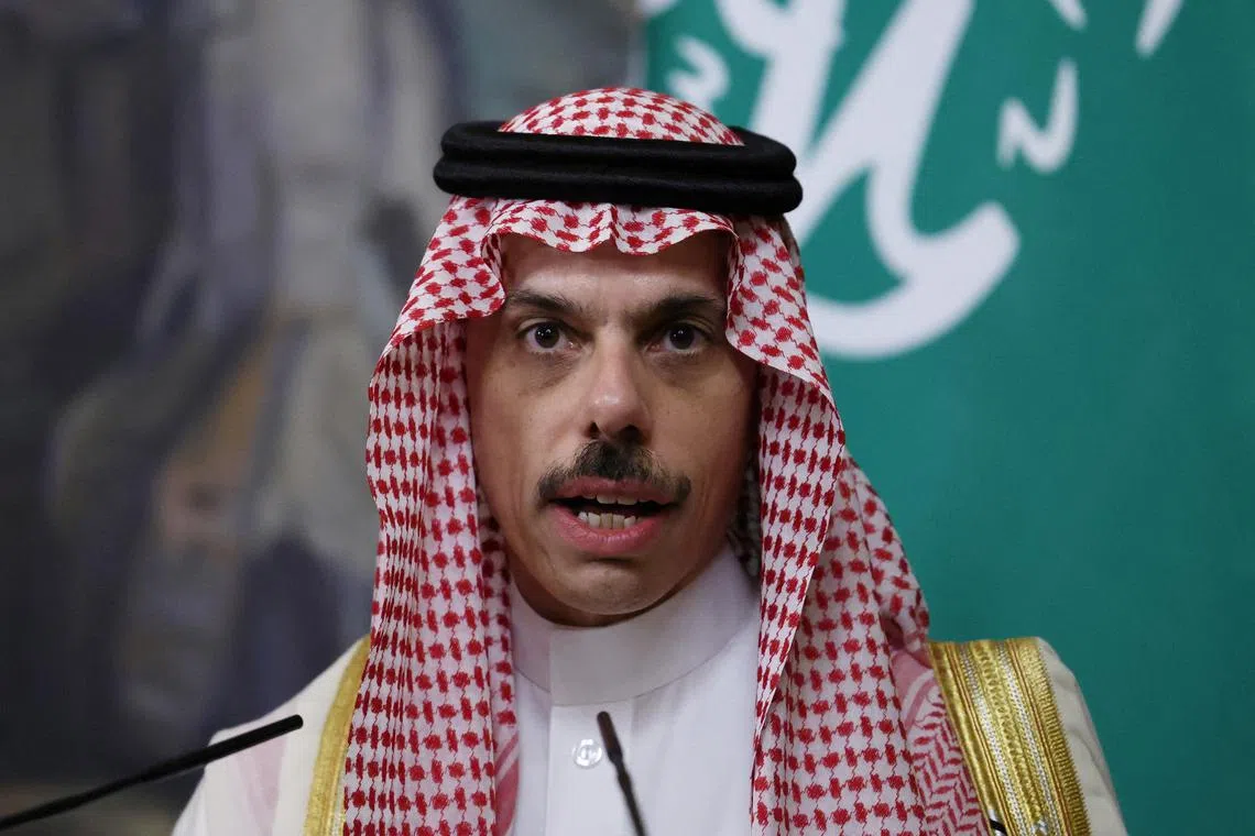 FILE PHOTO: Saudi Arabia's Foreign Minister Prince Faisal bin Farhan Al Saud speaks during a joint press conference with Russia's Foreign Minister Sergei Lavrov following their meeting in Moscow, Russia July 4, 2025. REUTERS/Evgenia Novozhenina/Pool/File Photo