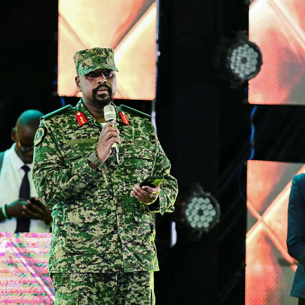 Lt. General Muhoozi Kainerugaba, the son of Uganda's President Yoweri Museveni, who leads the Ugandan army's land forces, speaks during his birthday party in Entebbe, Uganda May 7, 2022. REUTERS/Abubaker Lubowa