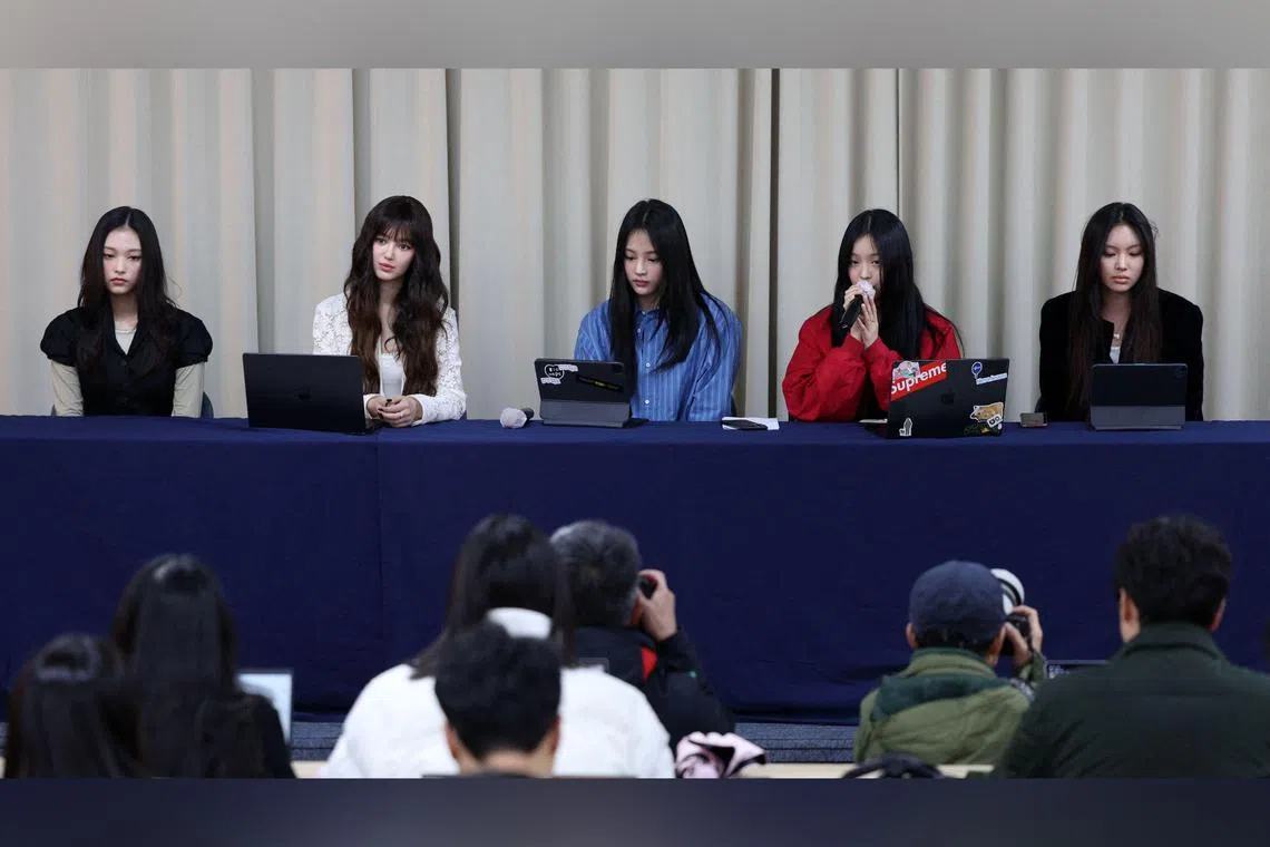 K-pop girl group NewJeans at a press conference in Seoul on Nov 28.