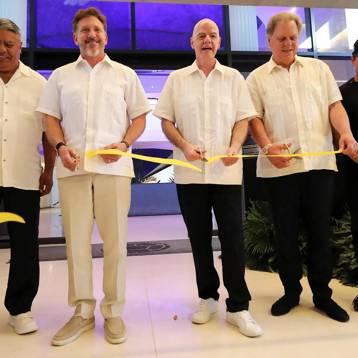 Claudio Tapia, president of the AFA, Conmebol's president Alejandro Dominguez, FIFA president Gianni Infantino, Ramon Jesurun, president of the Colombian Football Federation and Alejandro Char, Mayor of Barranquilla, attend the inauguration of the Colombian Football Federation’s hotel, where Infantino expressed his support for Mexico ahead of the World Cup.