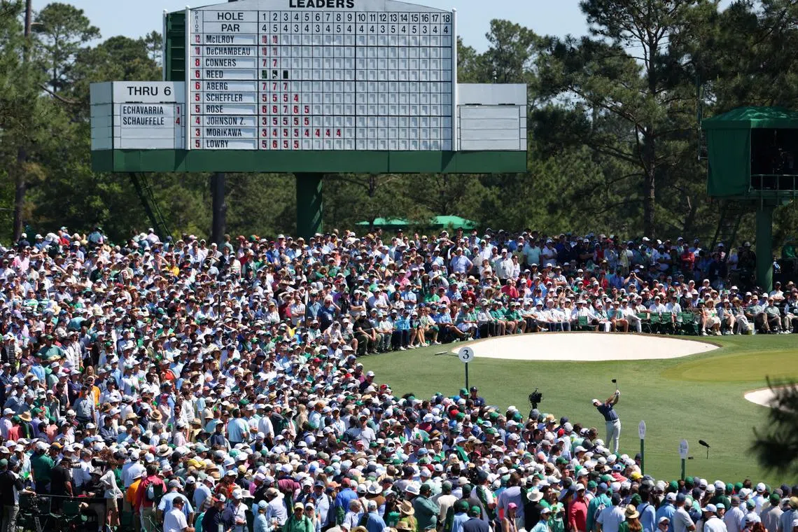 FILE PHOTO: Golf - The Masters - Augusta National Golf Club, Augusta, Georgia, U.S. - April 13, 2025 Northern Ireland's Rory McIlroy hits his tee shot on the 3rd hole during the final round REUTERS/Mike Segar/File Photo