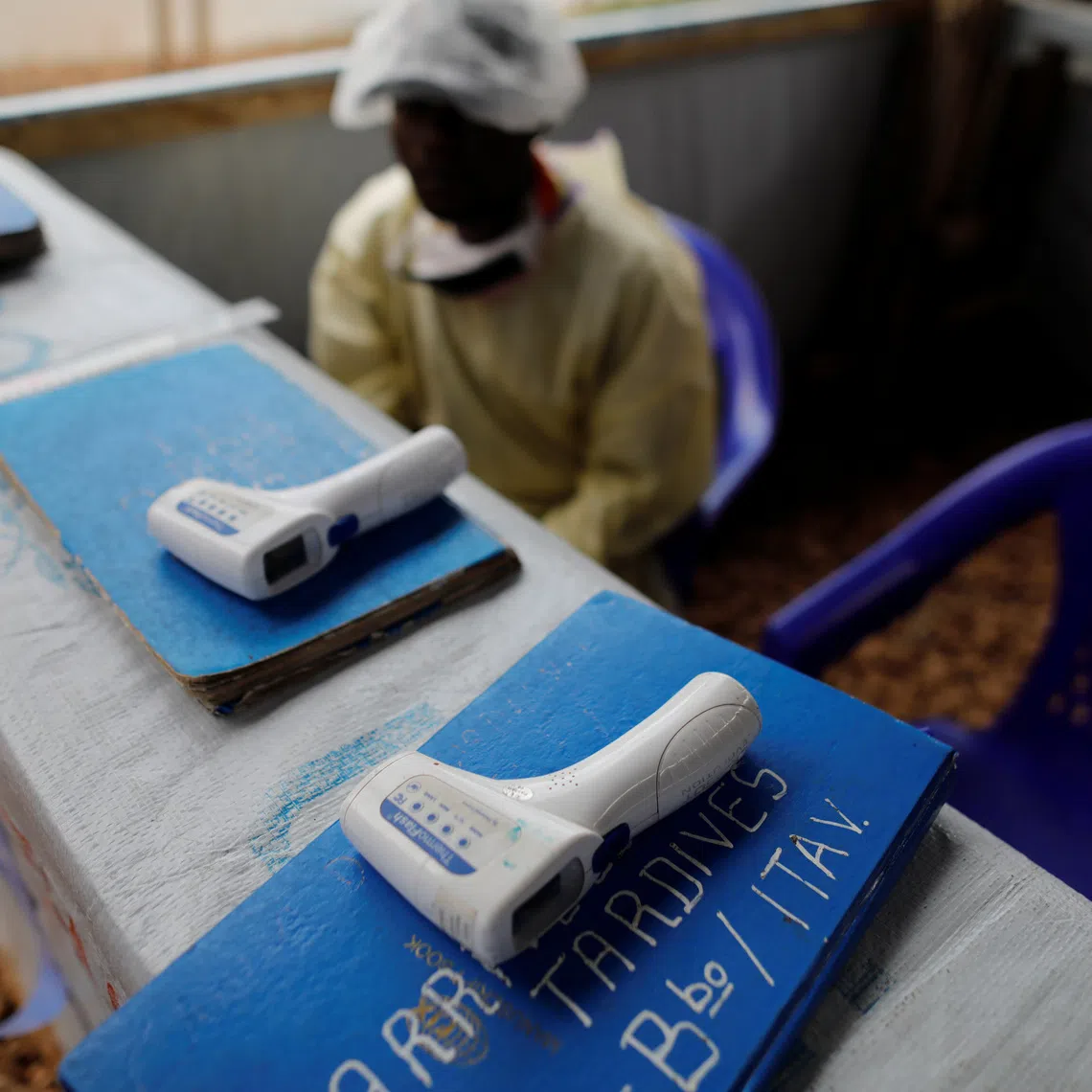 FILE PHOTO: Thermometers are pictured at the entrance of an Ebola Treatment Centre in the Democratic Republic of Congo, October 4, 2019. REUTERS/Zohra Bensemra/ File Photo
