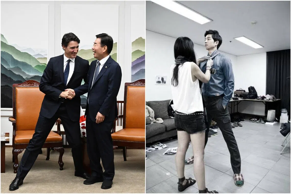 In South Korea, a person who is taller than the other, will usually spread their legs to match the height of those who are shorter.