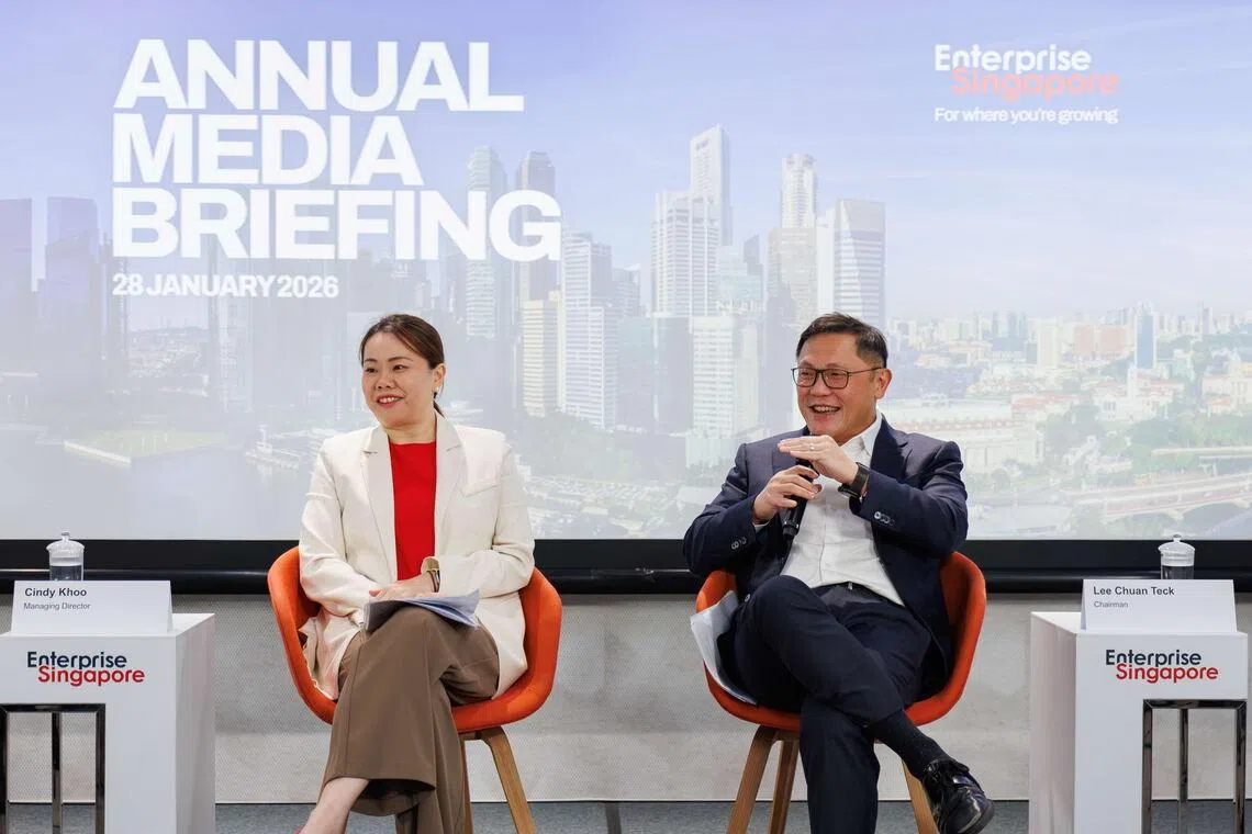 Enterprise Singapore's managing director Cindy Khoo and chairman Lee Chuan Teck at the annual media briefing on Jan 28.