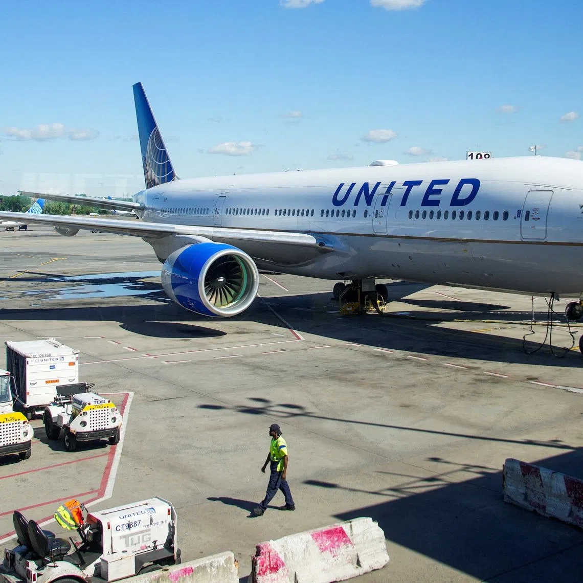 A United Airlines plane at Newark International Airport in 2025. A tractor trailer driver was taken to hospital with minor injuries and has since been discharged.