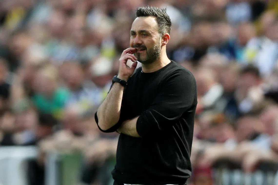 FILE PHOTO: Soccer Football - Premier League - Newcastle United v Brighton & Hove Albion - St James' Park, Newcastle, Britain - May 11, 2024 Brighton & Hove Albion manager Roberto De Zerbi reacts REUTERS/Scott Heppell/File Photo