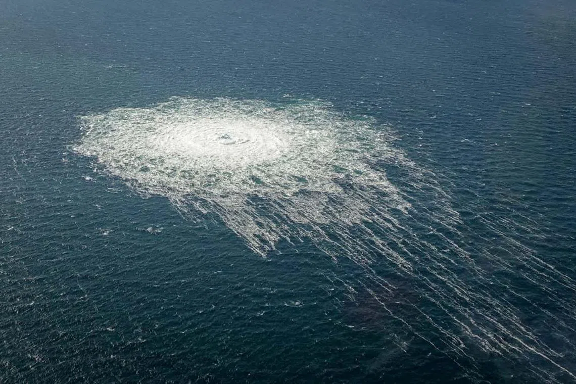 Gas bubbles from the Nord Stream 2 leak reach surface of the Baltic Sea, near Bornholm, Denmark, in September 2022.