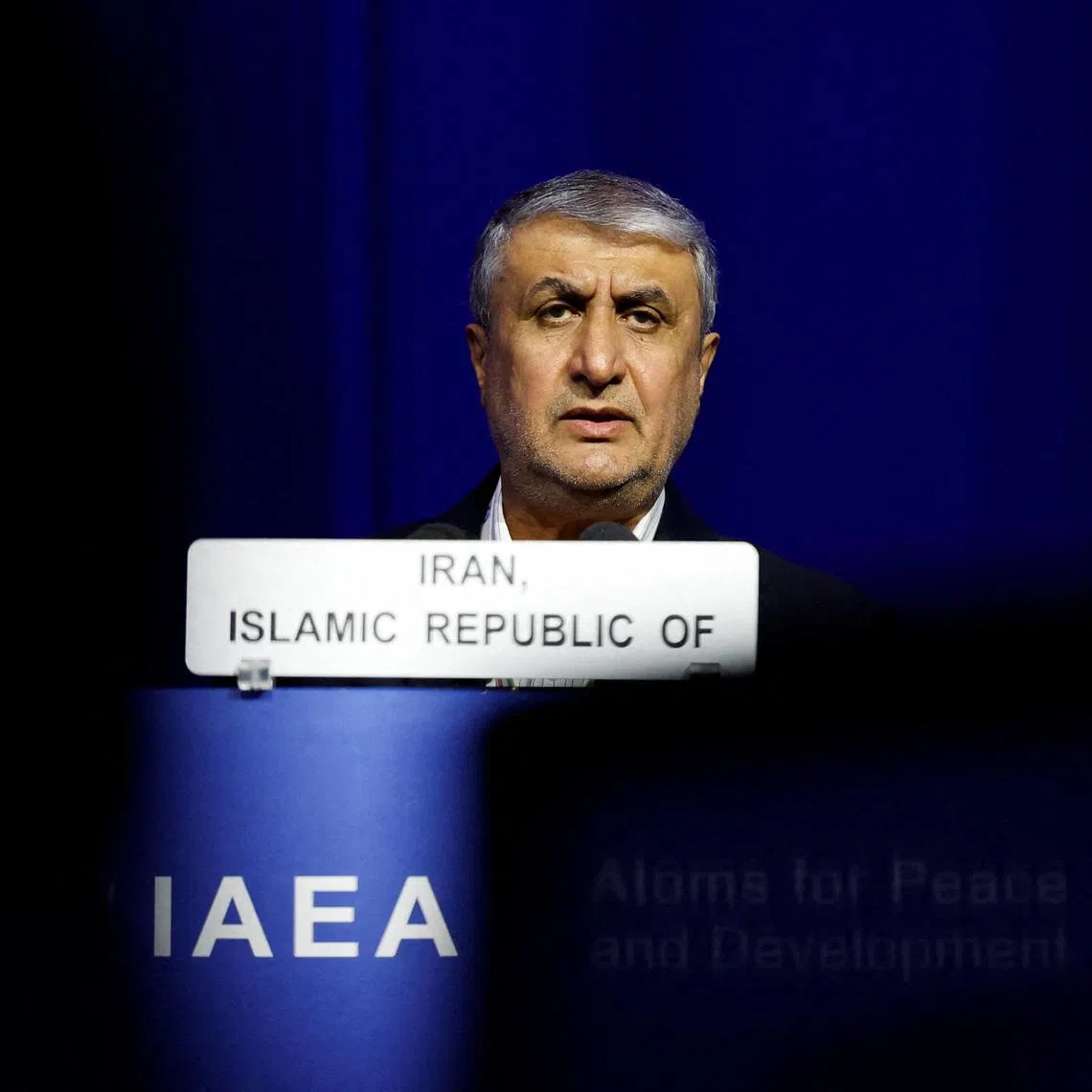 Mohammad Eslami, head of the Atomic Energy Organization of Iran (AEOI), speaks at the opening of the International Atomic Energy Agency (IAEA) General Conference at the agency's headquarters in Vienna, Austria, September 15, 2025. REUTERS/Lisa Leutner
